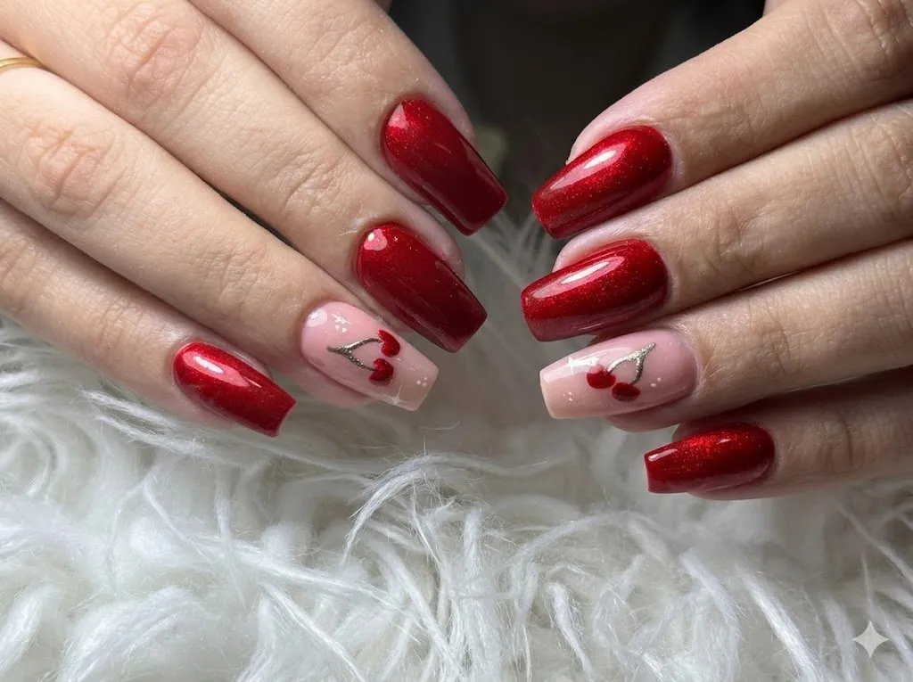 Manicura en rojo con detalle de corazón